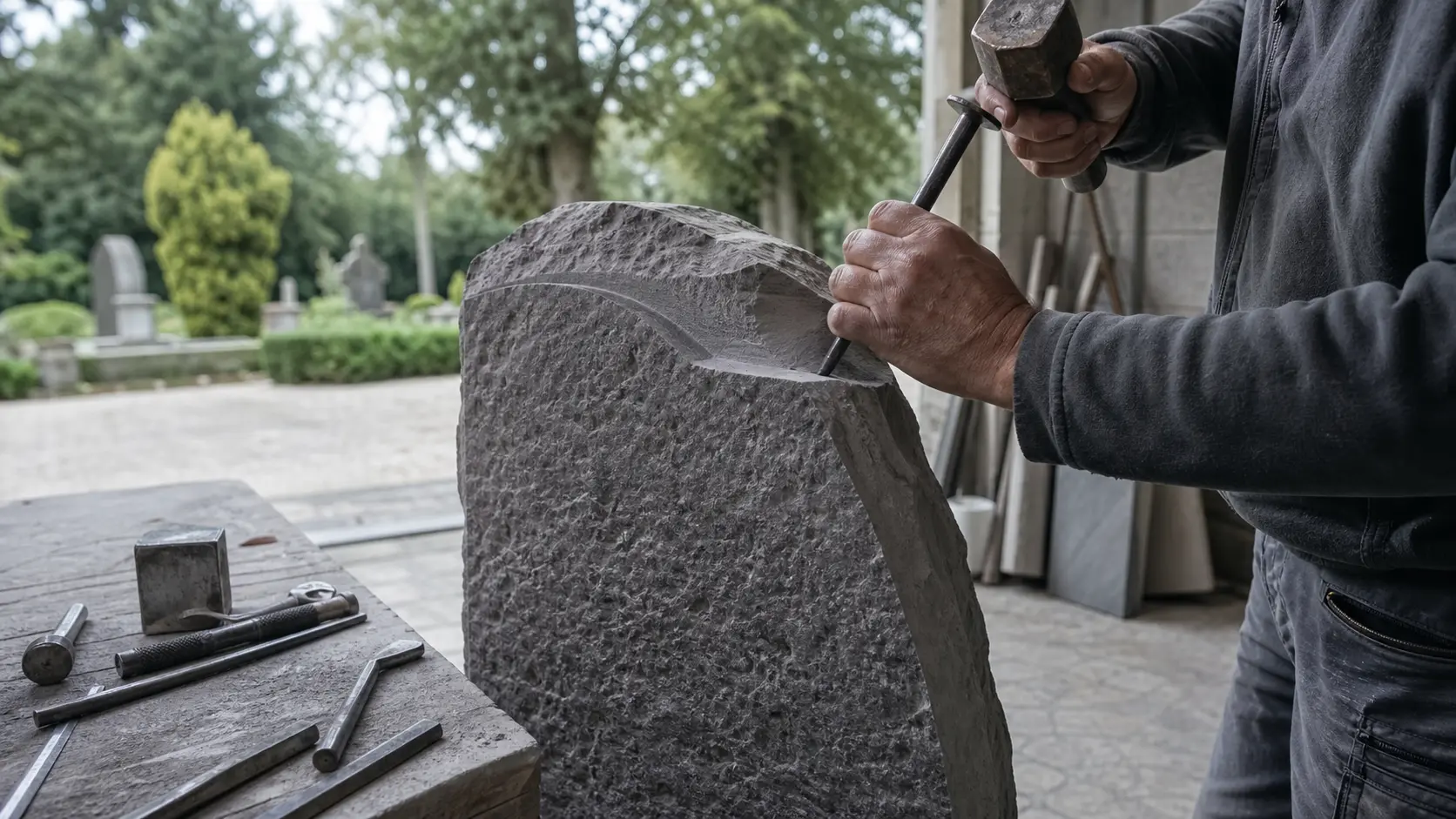 Steinmetz bearbeitet ein Grabmal von Hand mit Hammer und Meißel.